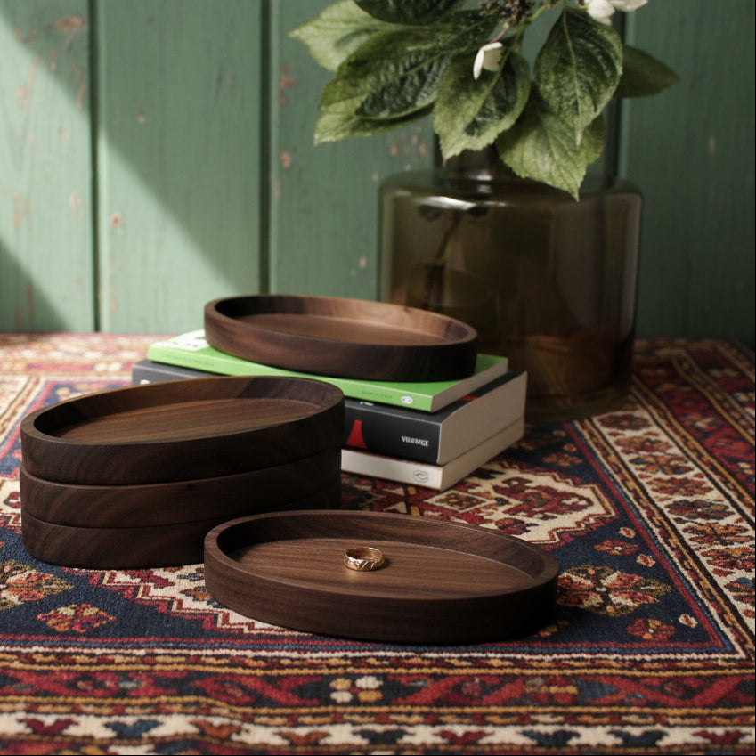 Stackable dark wood oval tray