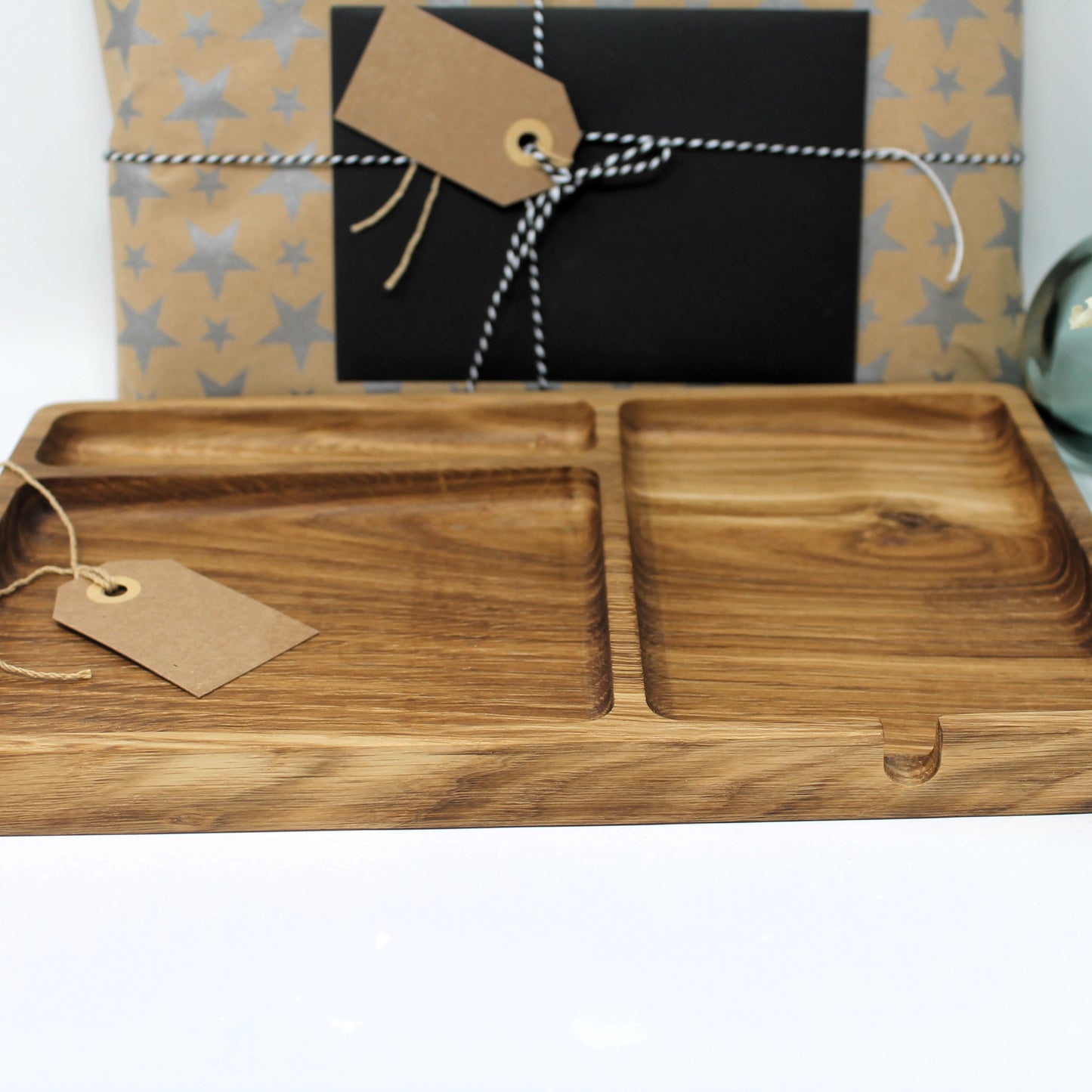 Solid Oak EDC Desk Organizer – Handcrafted Catchall Tray with Phone & Pen Sections