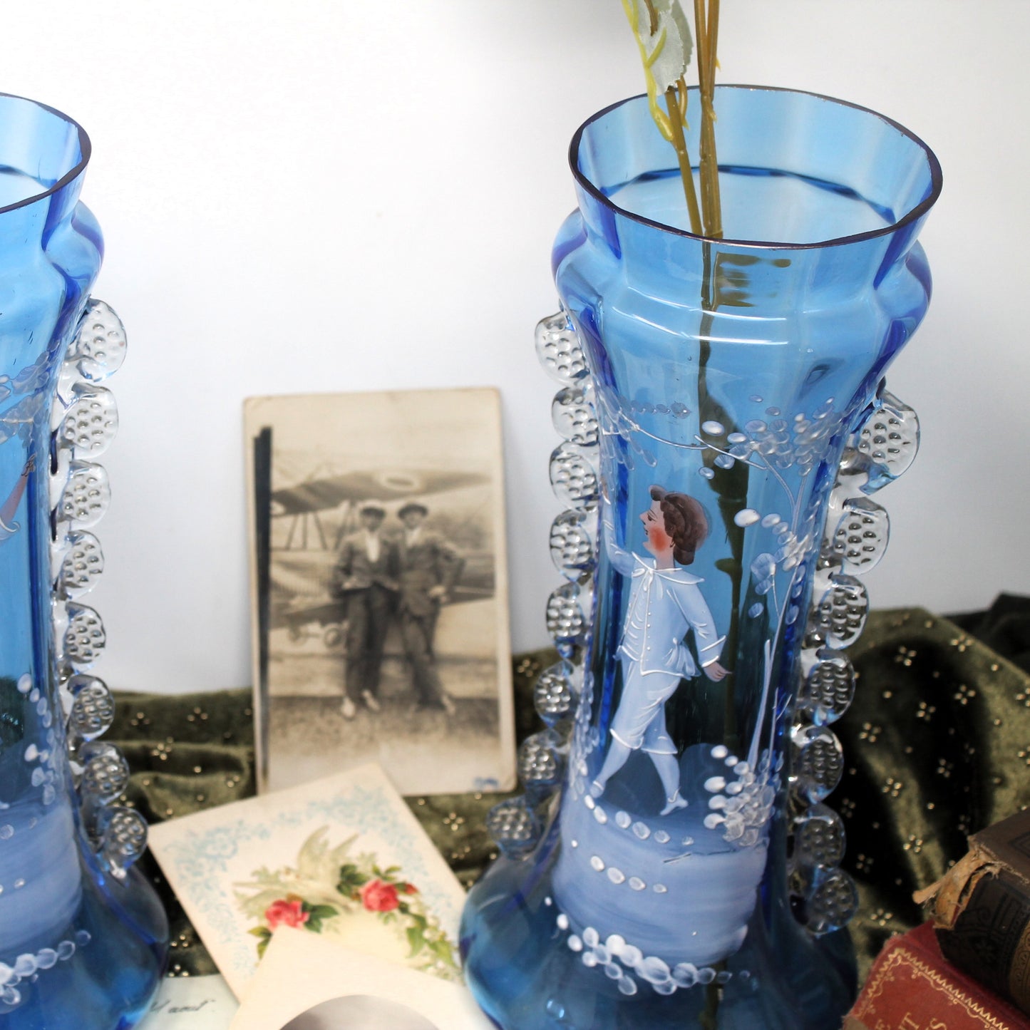 Pair of Bohemian Cobalt Mary Gregory Vases with Rigoree Decoration