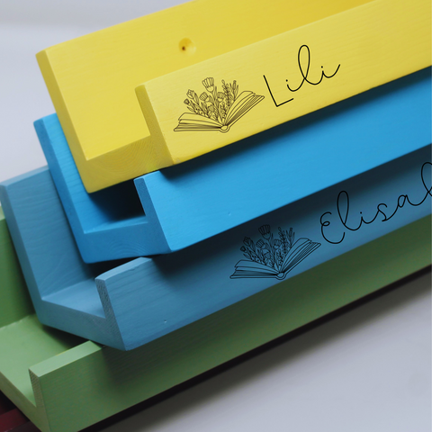 Personalised Children Book Ledge For Reading Corner Engraved With Book And Flower Motif