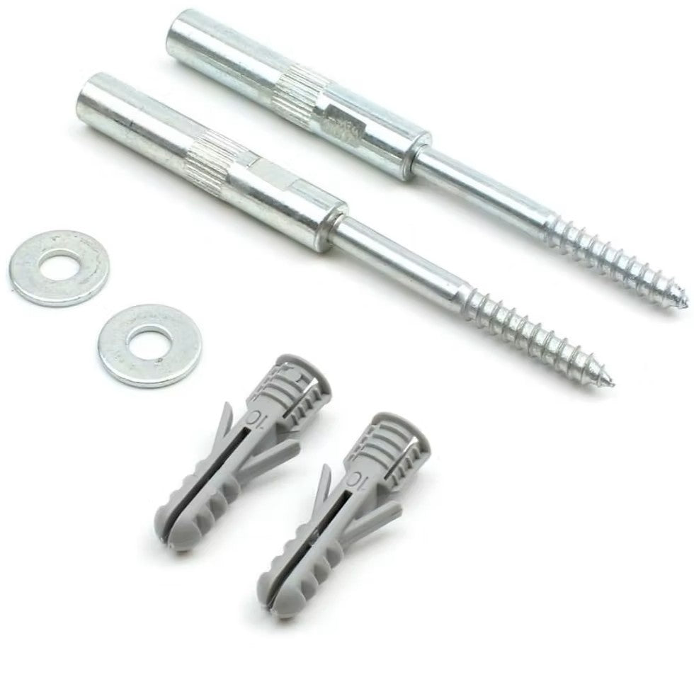 Two silver metal wall anchors floating shelf concealed brackets with threaded screws and two gray plastic wall plugs on a white background.