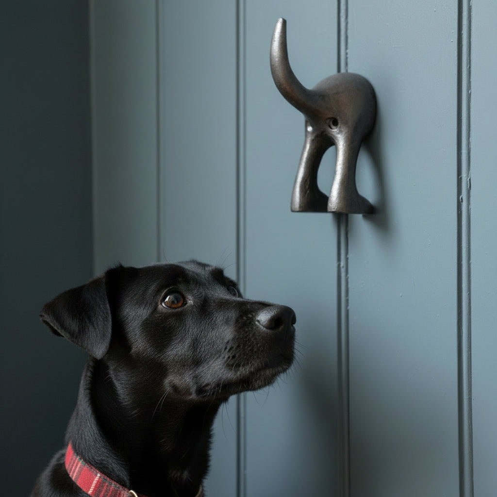 A dark cast iron elephant head wall hook with a trunk, shown next to a wooden ruler on a light wood background.