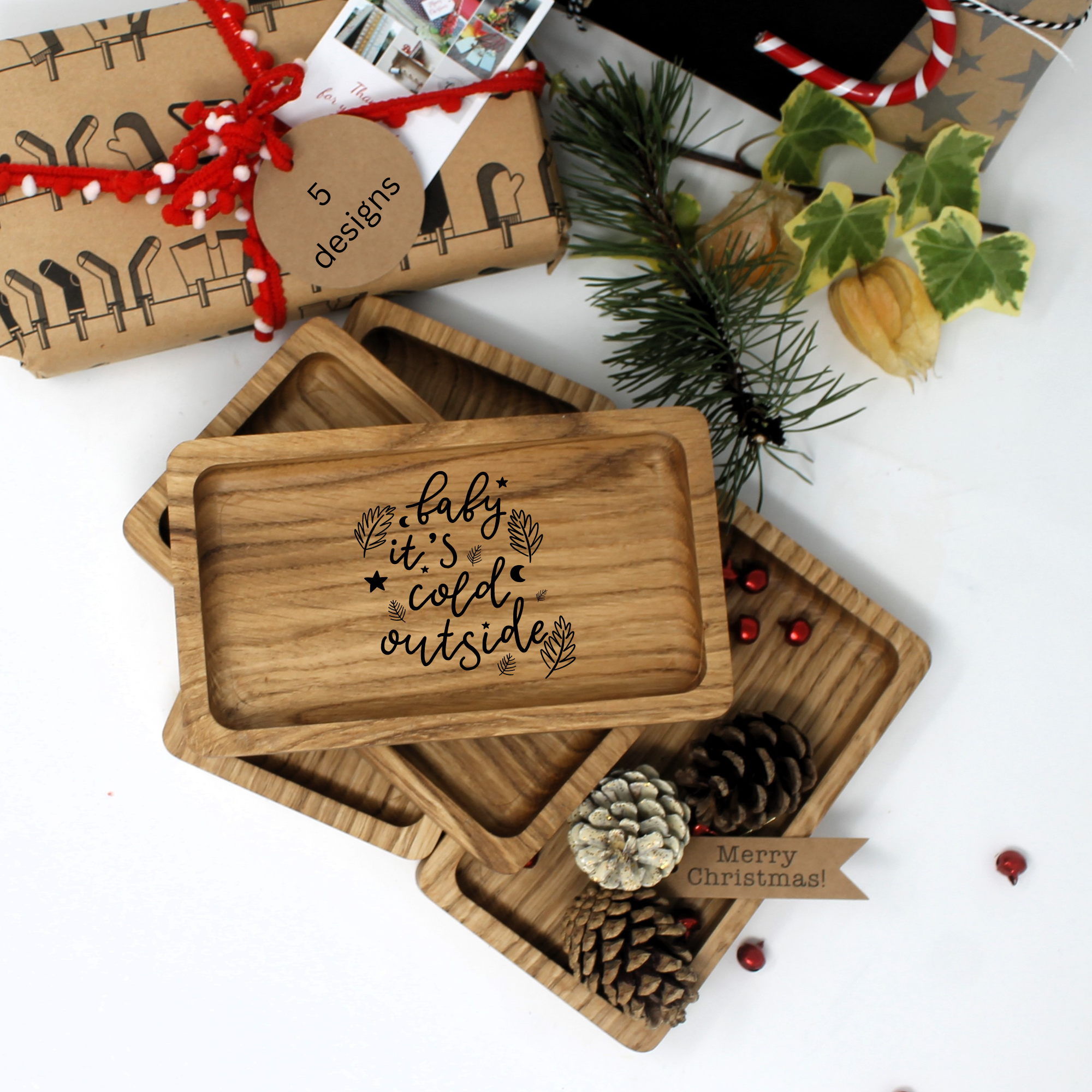 Small oak Christmas snacks or appetizers serving platter