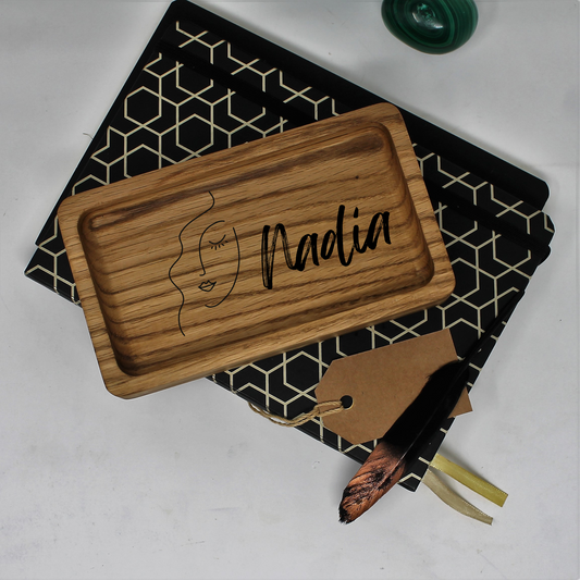 Personalised Solid Oak Tray with Stylised Woman’s Face — Elegant, Practical & Heartfelt