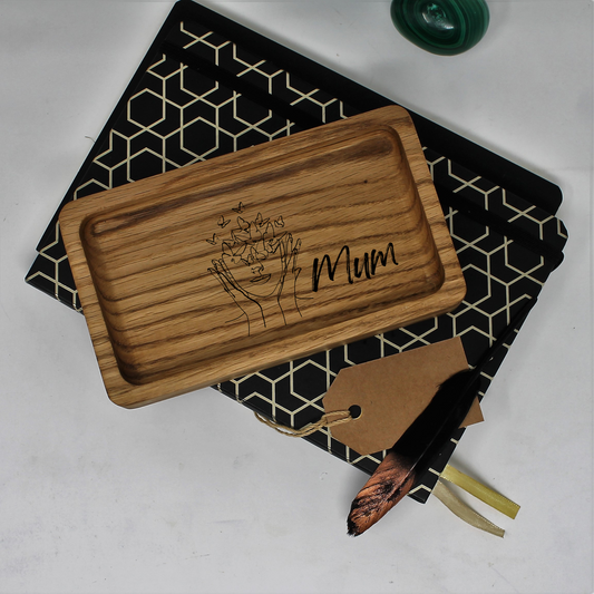 Personalised Oak Tray with Woman & Butterflies — Symbol of Grace, Change & Charm