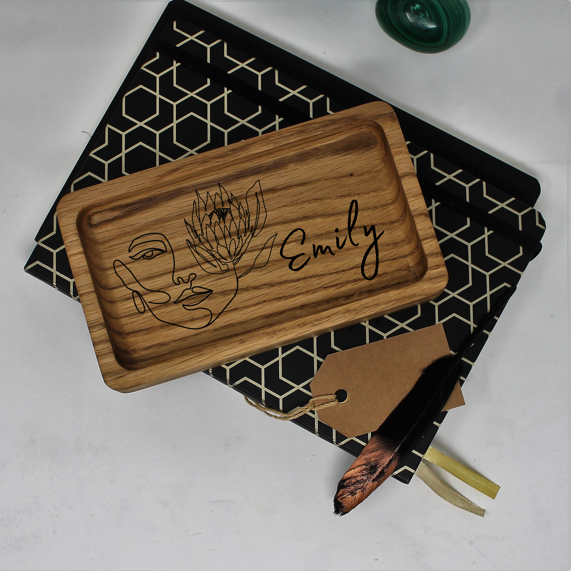 Personalised decorative solid oak jewellery or desk tray LOTUS