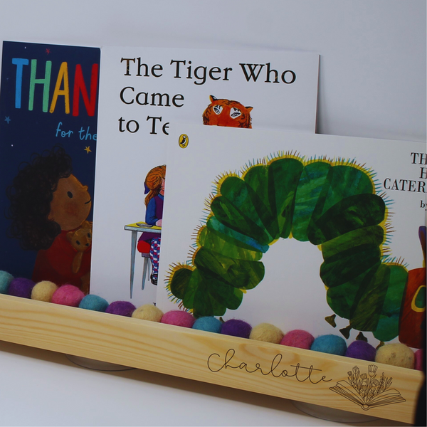 Personalised Children Book Ledge For Reading Corner Engraved With Book And Flower Motif