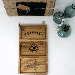 Oak tray for healing crystals or aromatherapy oil spiritual symbols pahases of the moon, protective eye, hamza hand, gift for women