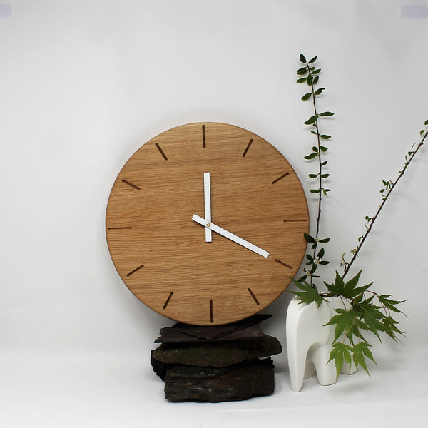 large round solid oak minimalist wall clock with white hands