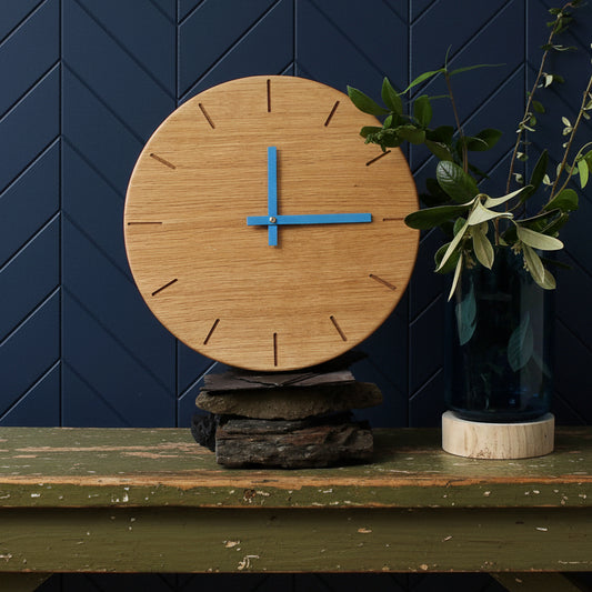 round wooden solid oak wall clock with turquoise hands