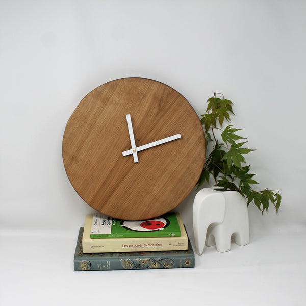 analog oak wood round clock with white metal hands