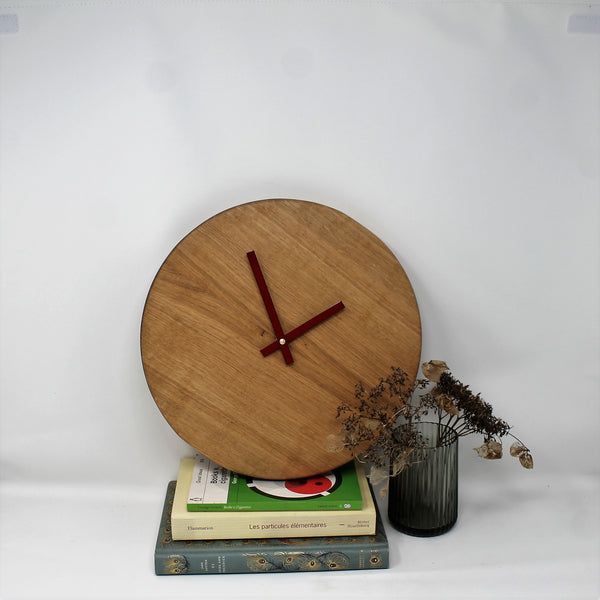 minimalist oak wooden clock with red hands