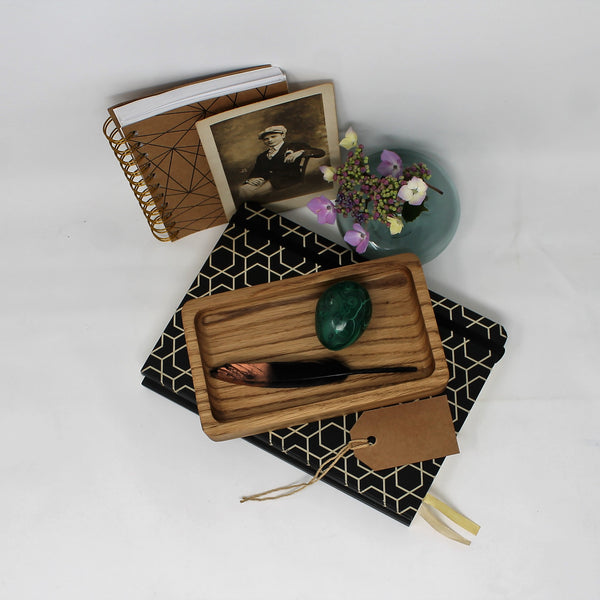 Personalised decorative solid oak jewellery or desk tray LOTUS