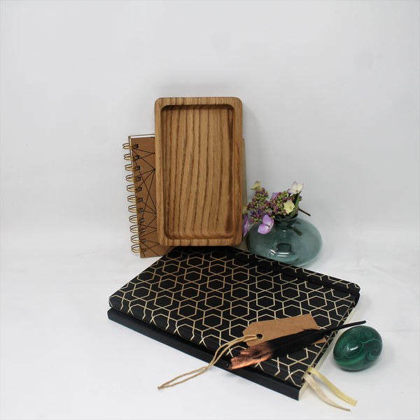 Personalised decorative solid oak jewellery or desk tray LOTUS