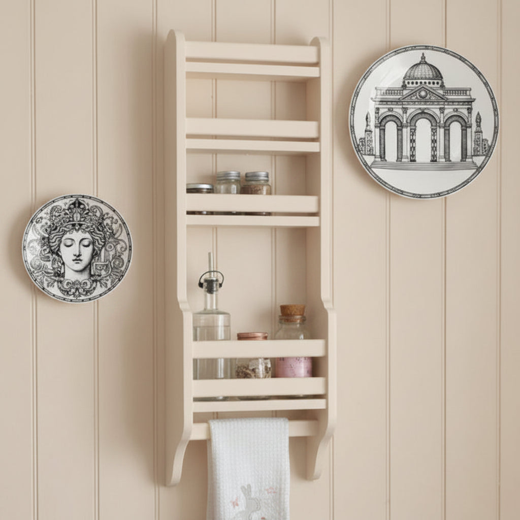 An off-white traditional cottage wall-mounted multi-tier shelf with a hanging teat-towel shown mounted on a white wall in a kitchen setting.