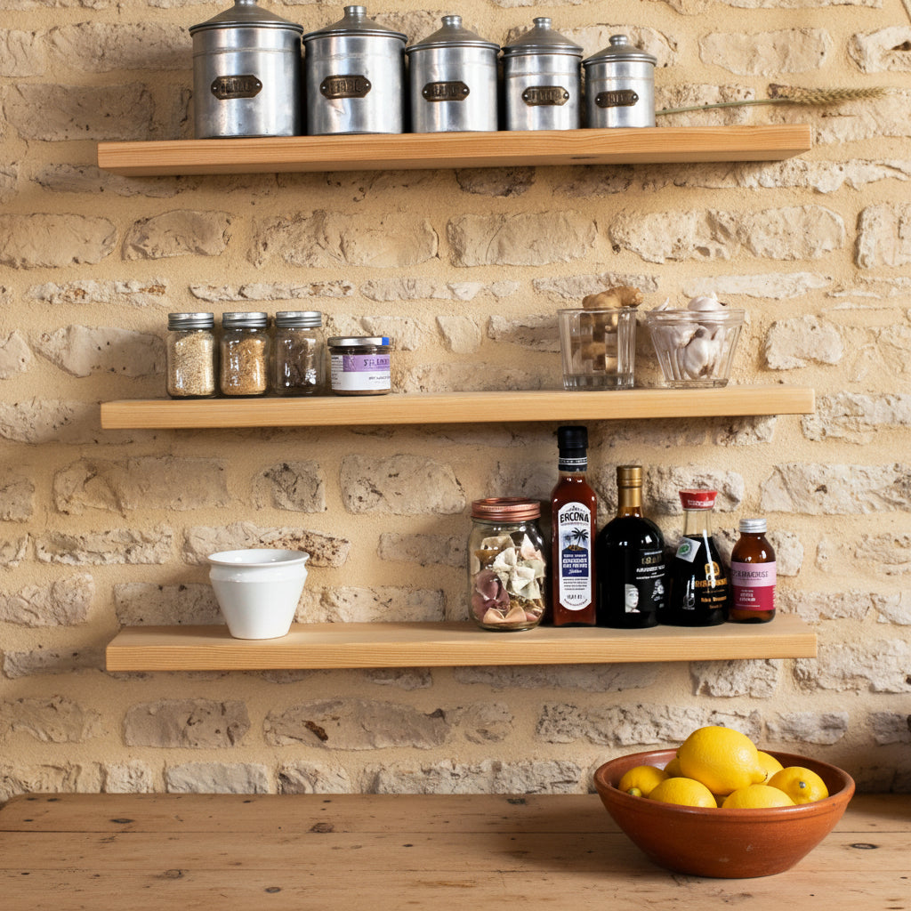 Three light natural wood floating shelves mounted on a stone wall, styled with kitchen and storage items including metal canisters, glass jars, bottles, and a small white cup above a kitchen table
