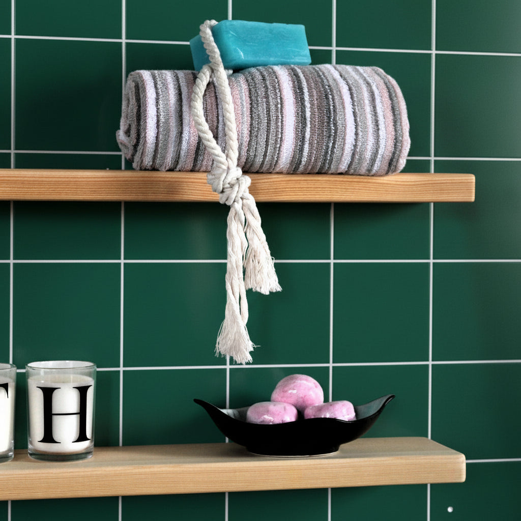 A striped bath towel in gray, pink, and white is rolled on a wooden shelf, with a turquoise soap bar resting on top and a white rope knotted around it. A small black dish with pink bath items sits below on another shelf against a white wall.
