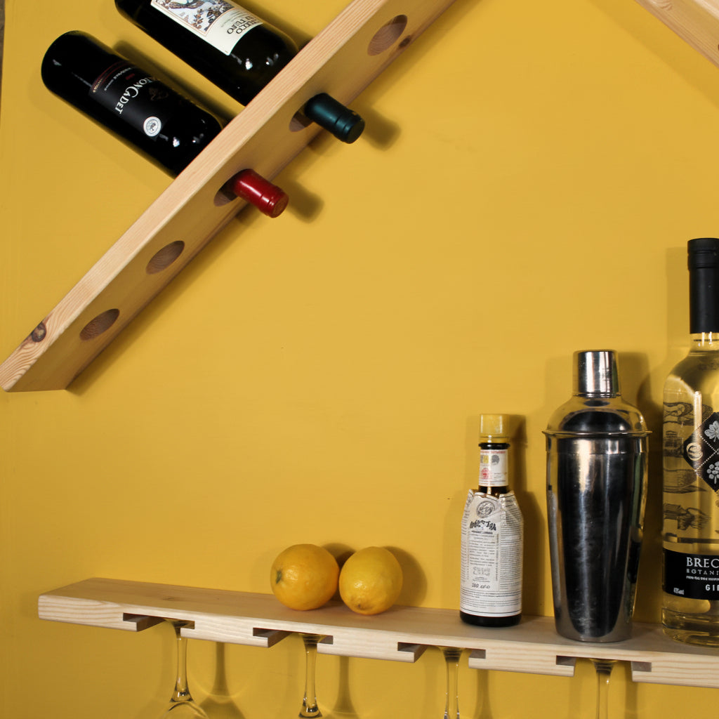 Solid Pine Floating Shelf with Integrated Wine Glass Slots