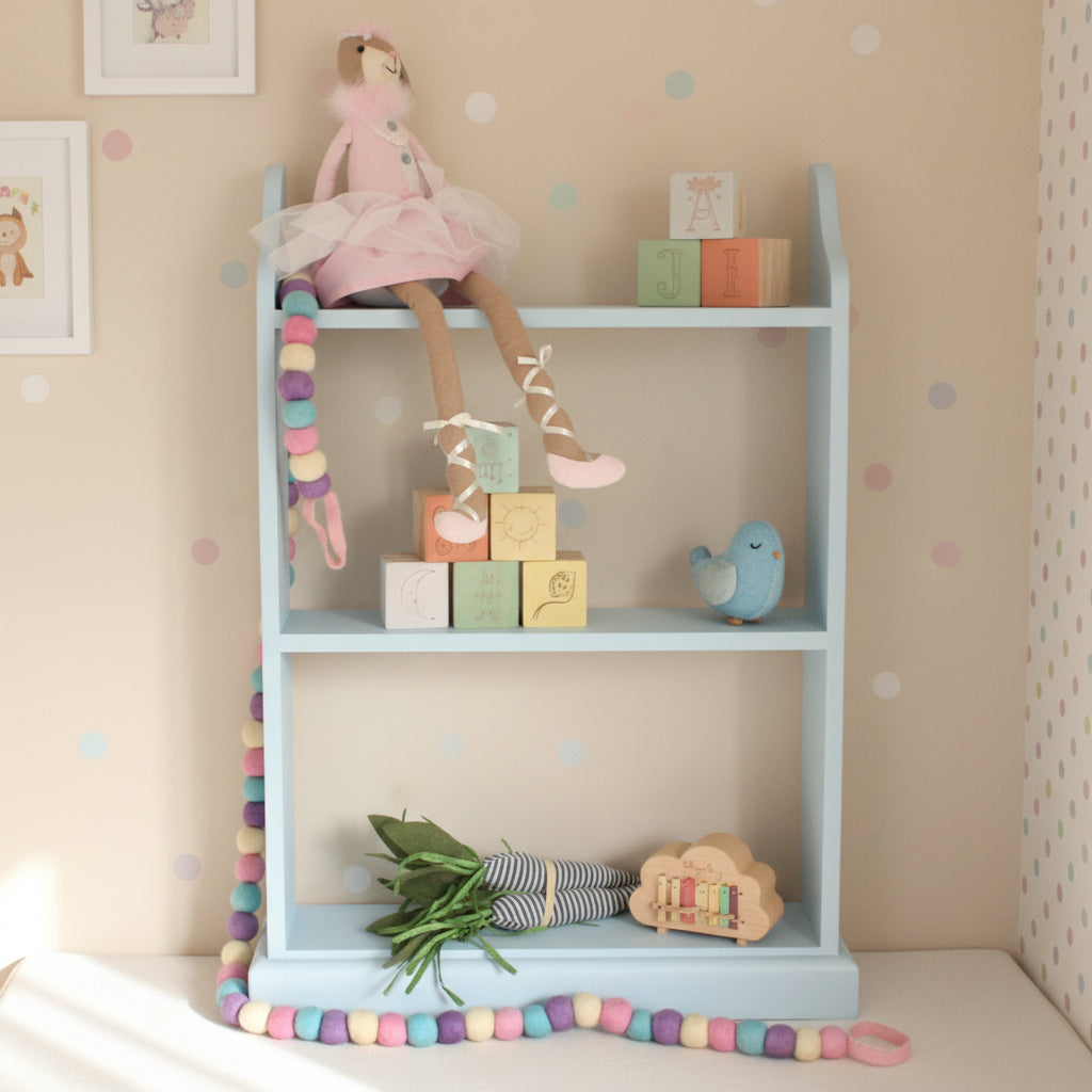 A light blue three-tier wooden shelf styled with a pink ballerina doll, pastel blocks, a pink bow, and a colorful beaded garland, set against a gray brick wall.