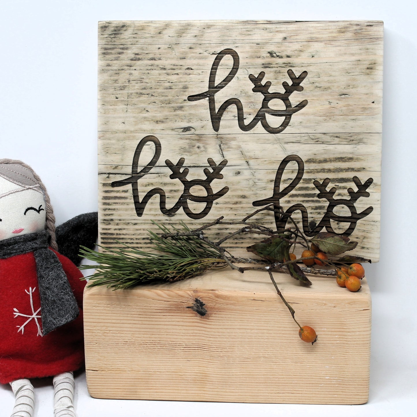 Rustic Christmas Decor Reclaimed Wood Sign – “Ho Ho Ho” with Antlers