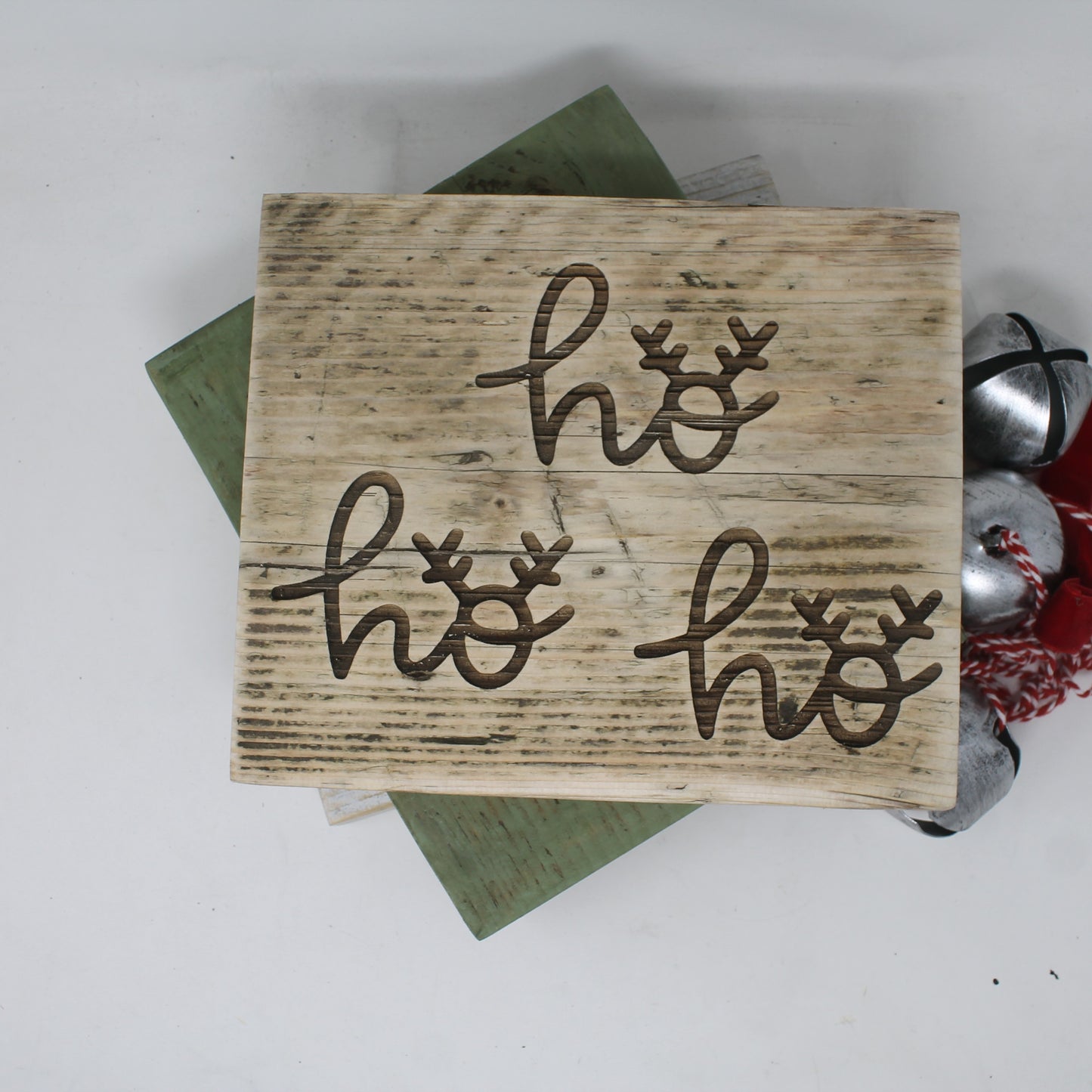 Rustic Christmas Decor Reclaimed Wood Sign – “Ho Ho Ho” with Antlers