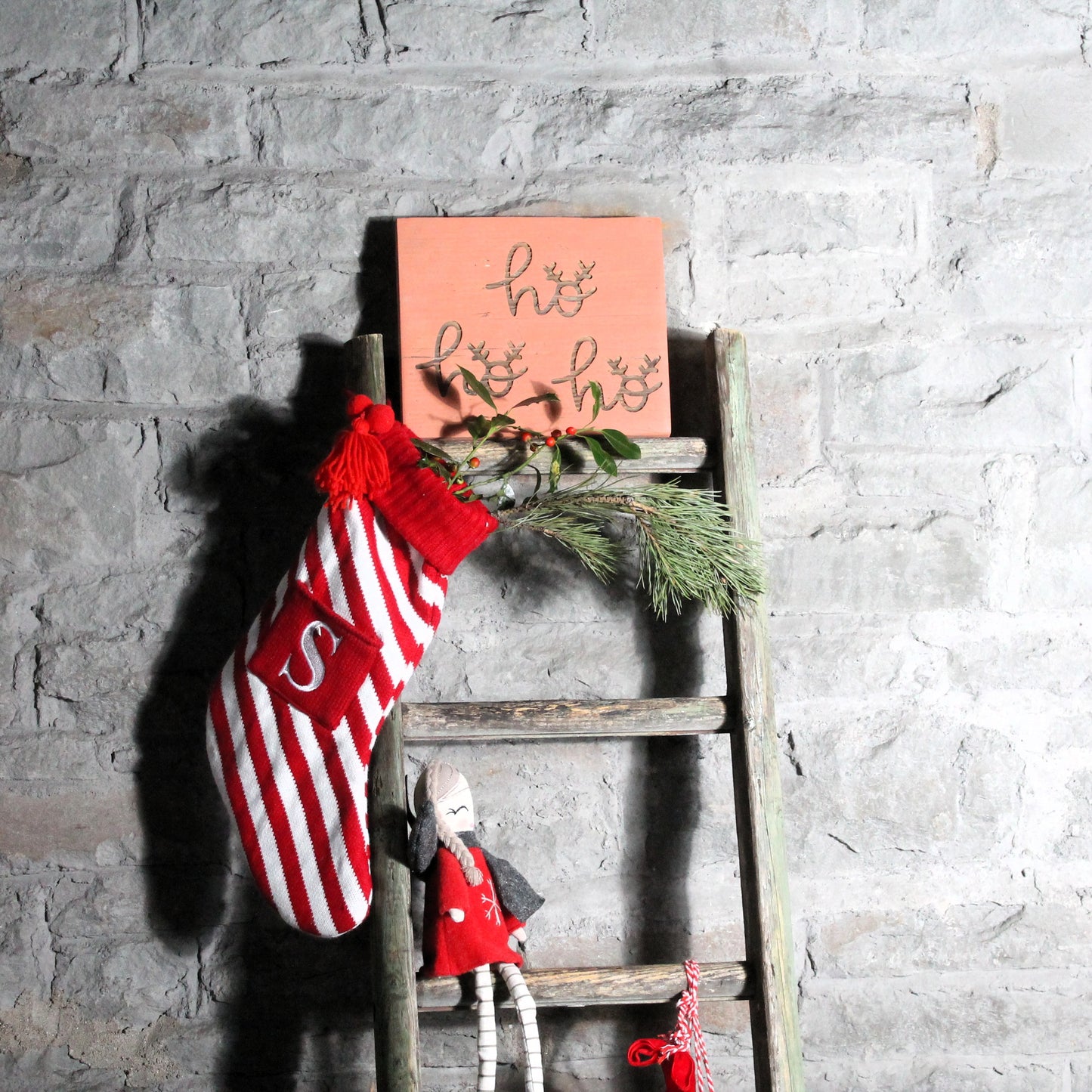 Rustic Christmas Decor Reclaimed Wood Sign – “Ho Ho Ho” with Antlers