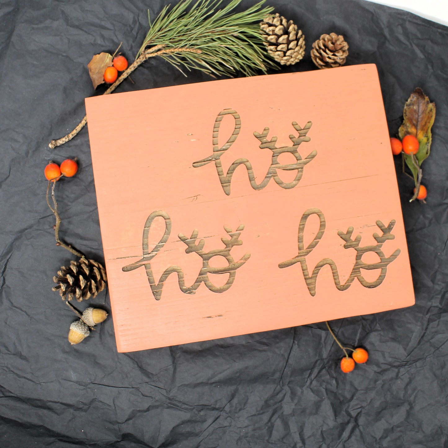 Rustic Christmas Decor Reclaimed Wood Sign – “Ho Ho Ho” with Antlers