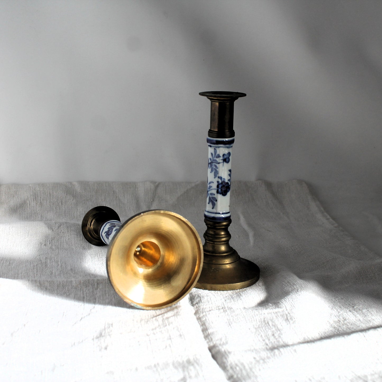 Vintage German Brass Candlesticks with Blue & White Faience Stems