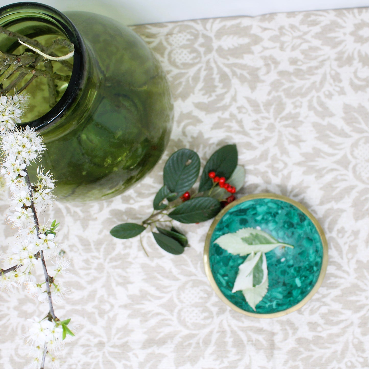 Genuine Malachite Bowl with Brass Rim — 14 cm Vintage South African Stone Dish