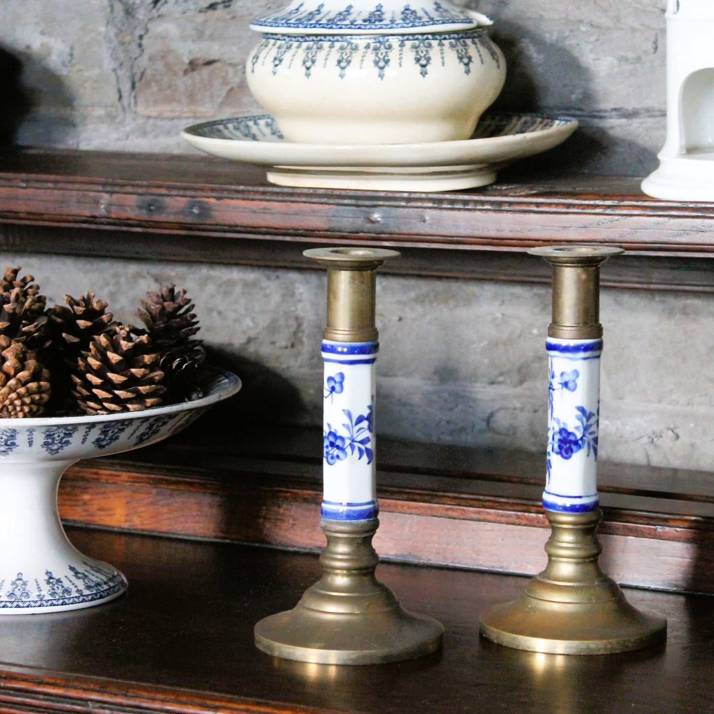 Vintage German Brass Candlesticks with Blue & White Faience Stems