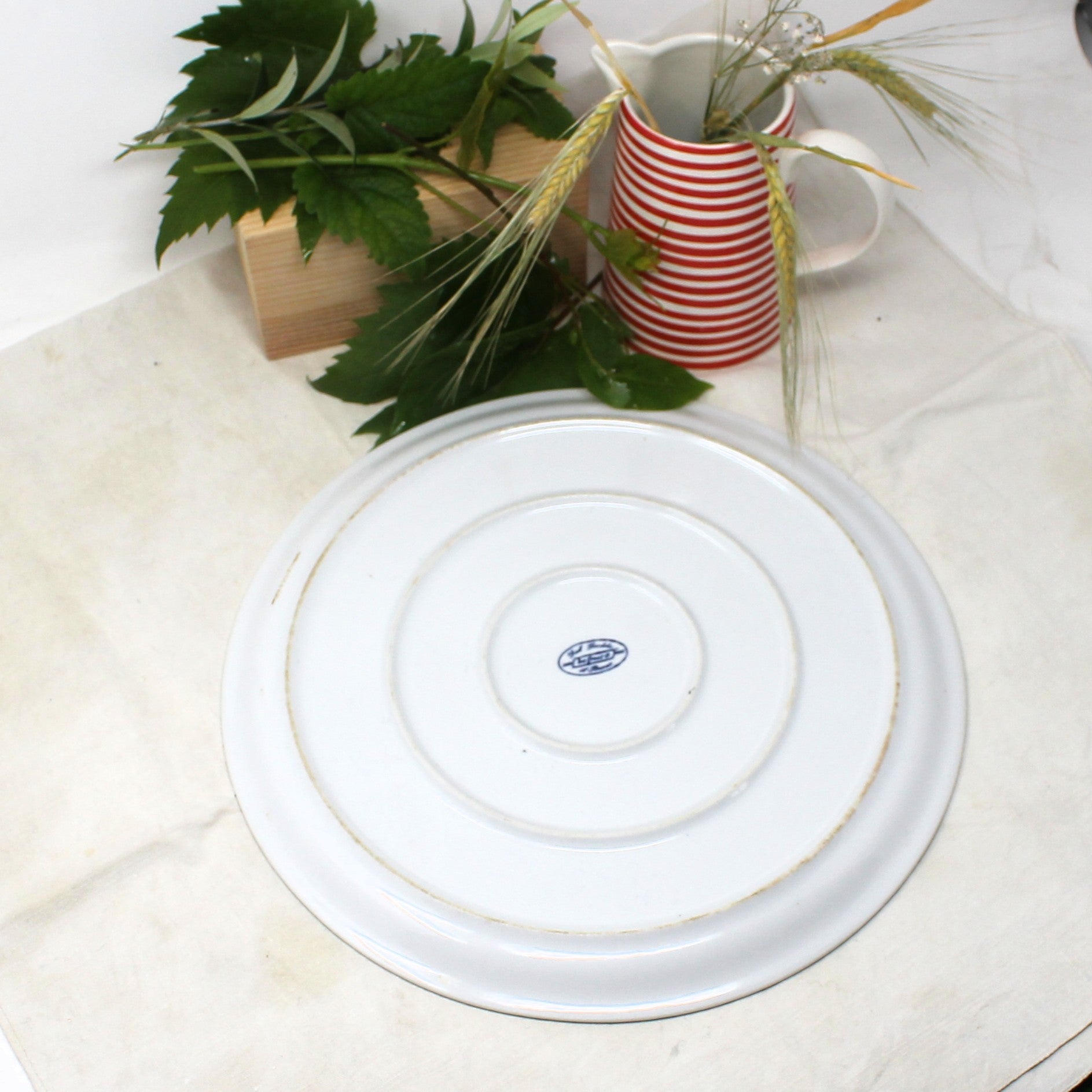 White ceramic lid with blue logo on a light surface with leaves and a striped container. Stoneware pizza platter.