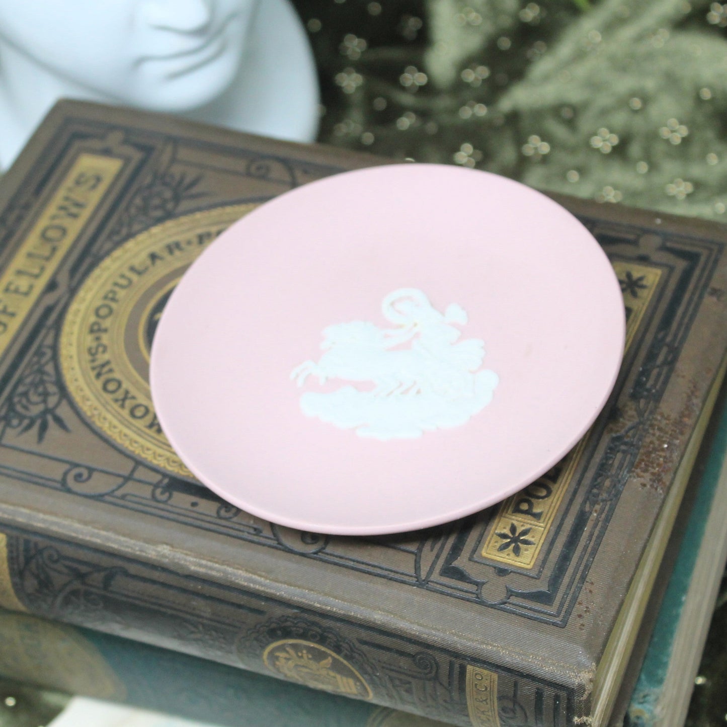 A round light pink plate with a white Grecian illustration, resting on top of an antique brown book.