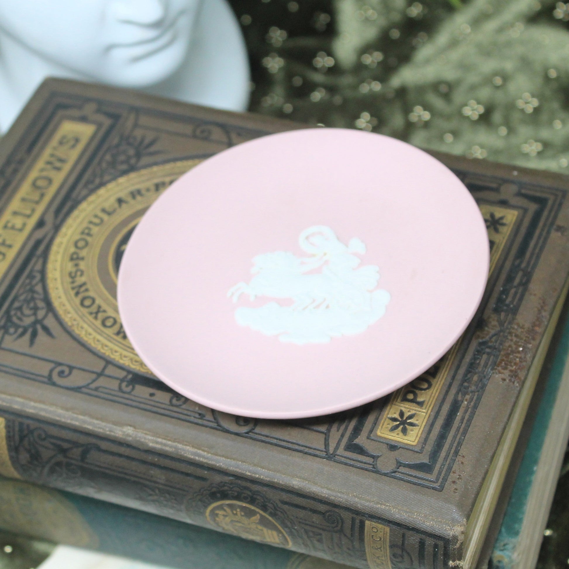 A round light pink plate with a white Grecian illustration, resting on top of an antique brown book.