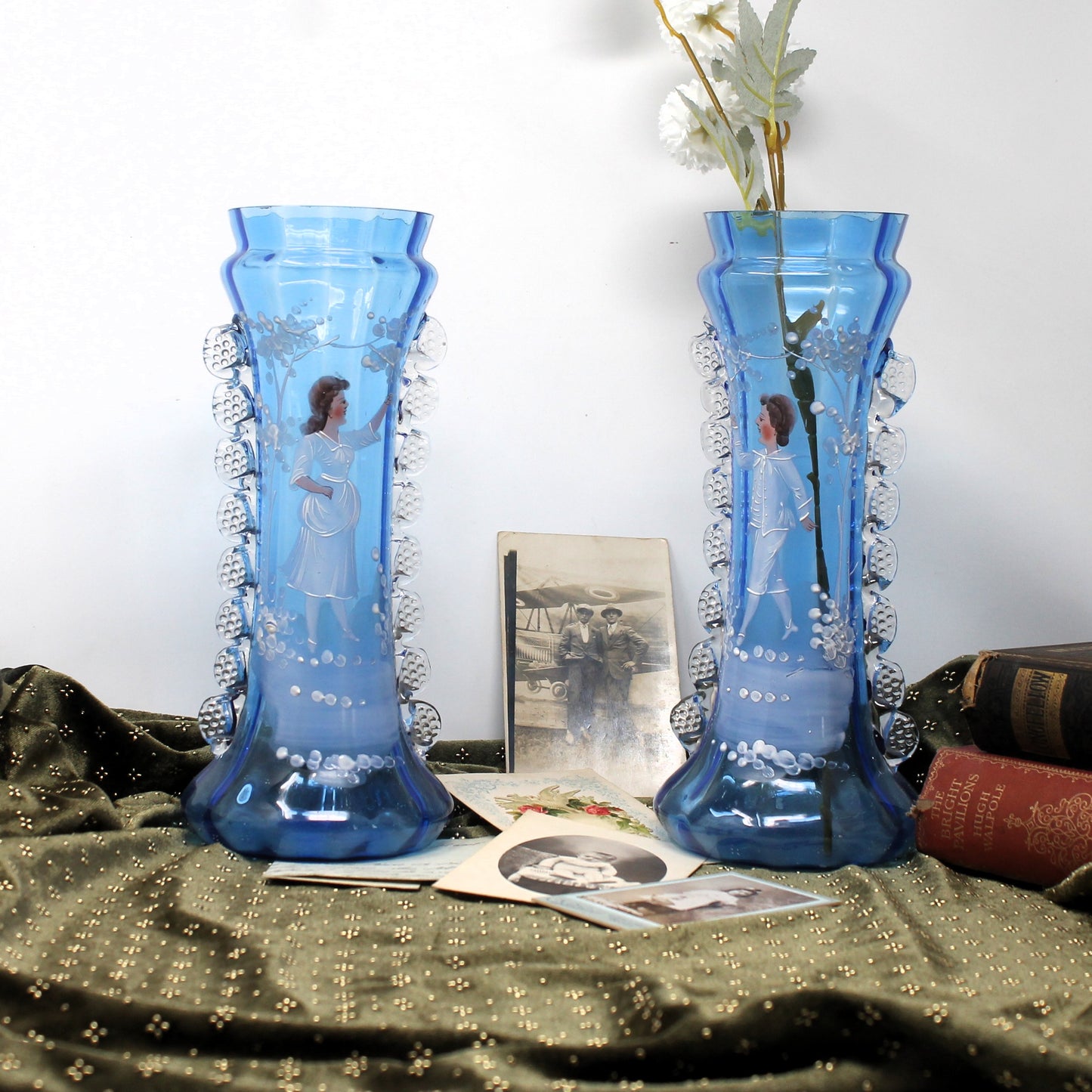 Pair of Bohemian Cobalt Mary Gregory Vases with Rigoree Decoration
