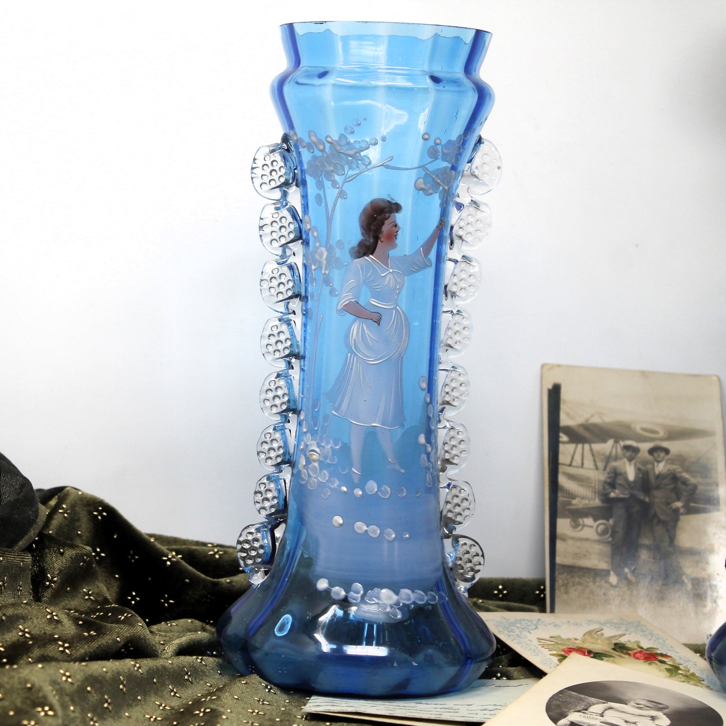 Pair of Bohemian Cobalt Mary Gregory Vases with Rigoree Decoration