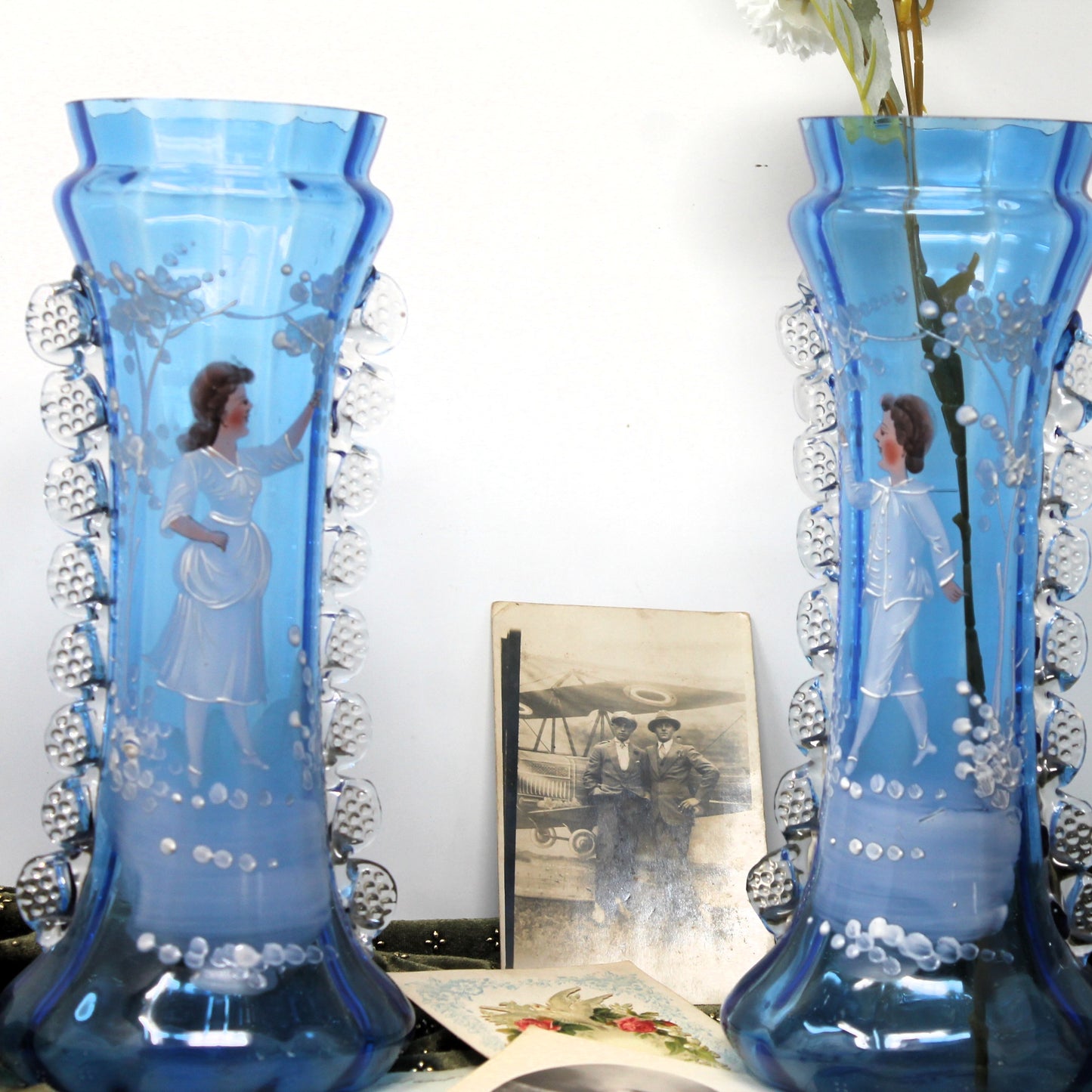 Pair of Bohemian Cobalt Mary Gregory Vases with Rigoree Decoration