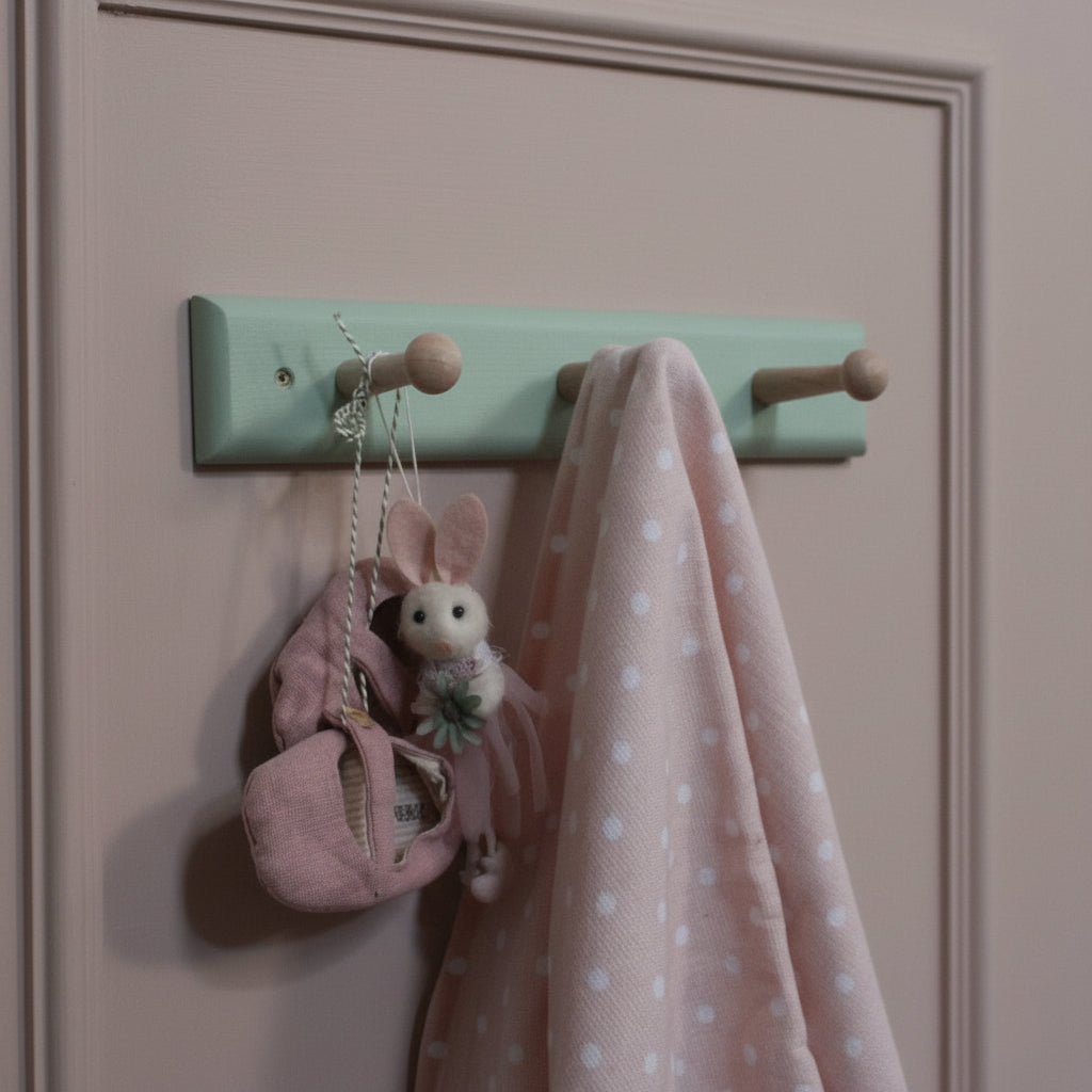 A mint green wall-mounted peg rack with wooden hooks, shown hanging a pink polka-dot blanket and a pink fabric bag with a small plush bunny accessory against an pink wall.