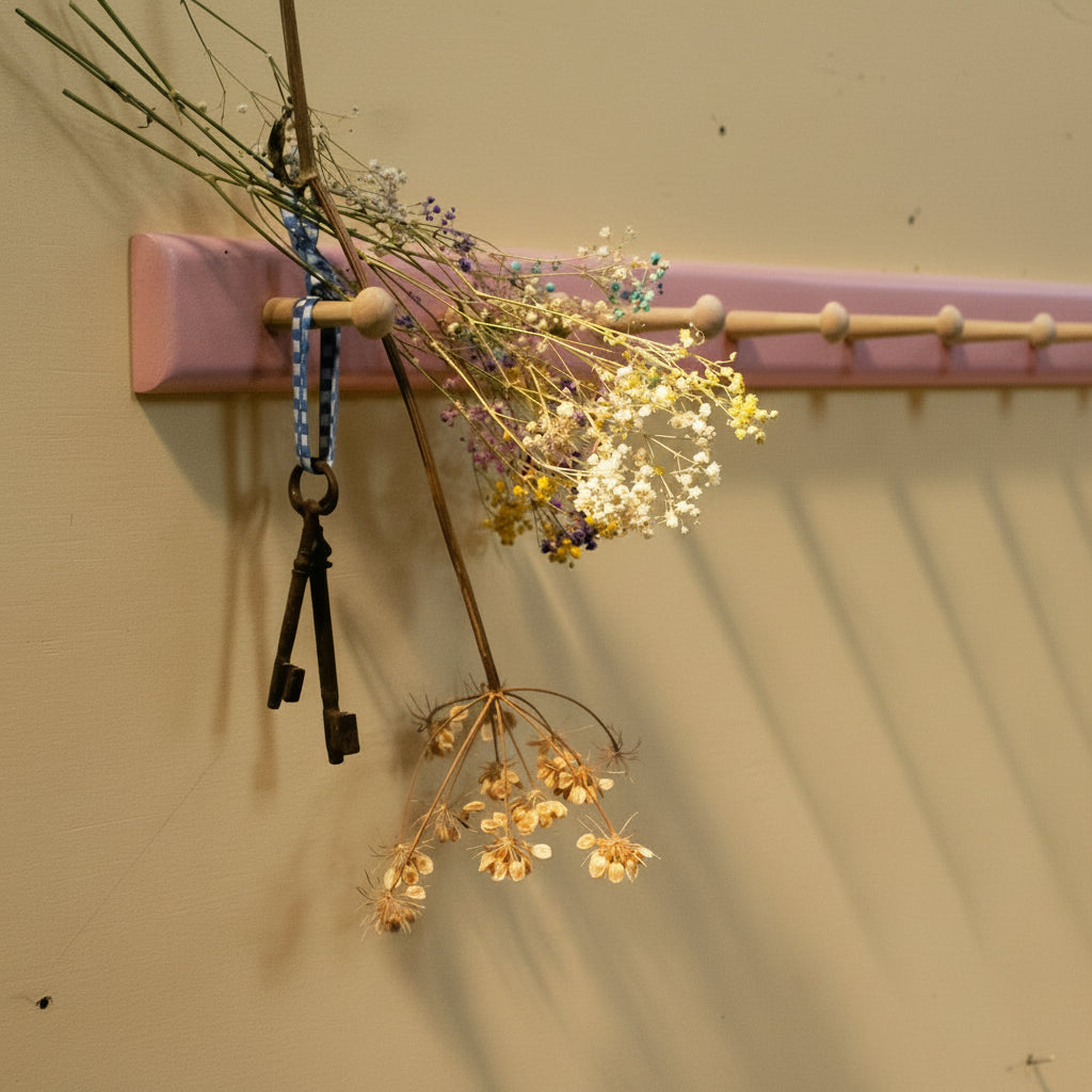 A pink wooden peg rail mounted on a light gray wall, with dried flowers and small keys hanging from it.