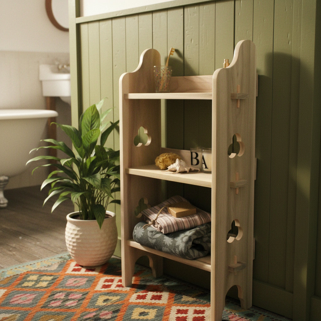 A light natural wood three-tier storage shelf with decorative curved side supports and cutout details, shown holding a glass cup, small bottles, and folded towels in a bathroom setting.