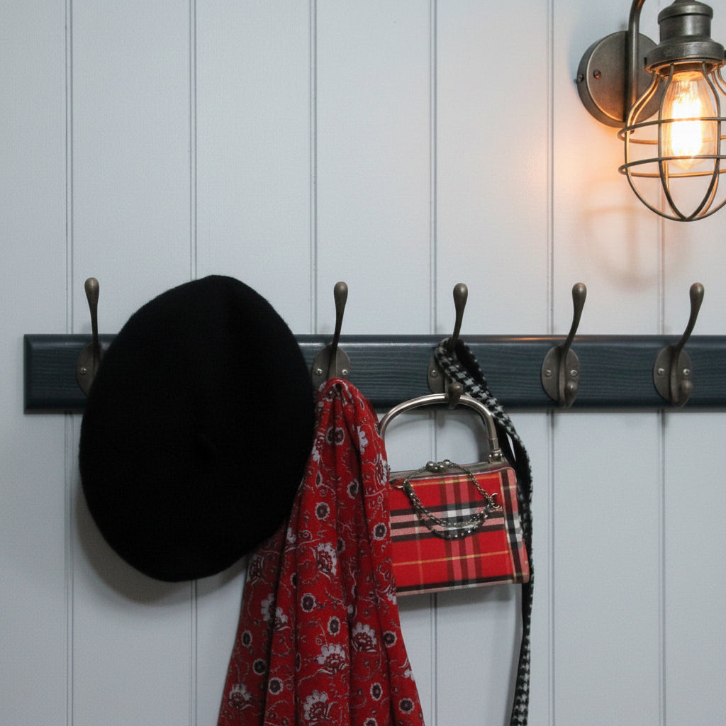 A dark blue wall-mounted coat rack with six hooks, shown against a white wall with various items hanging on it, including a black beret, a red patterned scarf, and a red plaid handbag.