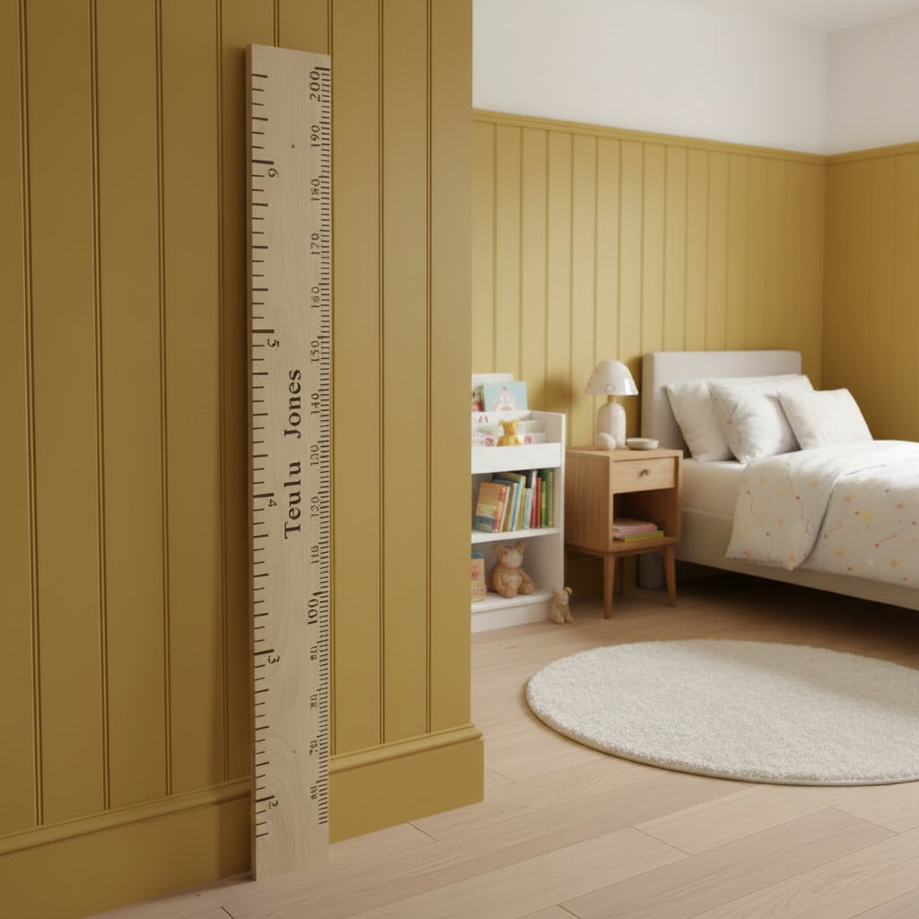 A tall wooden floor height marker with printed measurement markings and the text 'testu Jones' stands upright against a white wall in a workshop or storage room. A pink tape measure and other workshop items are visible in the background.