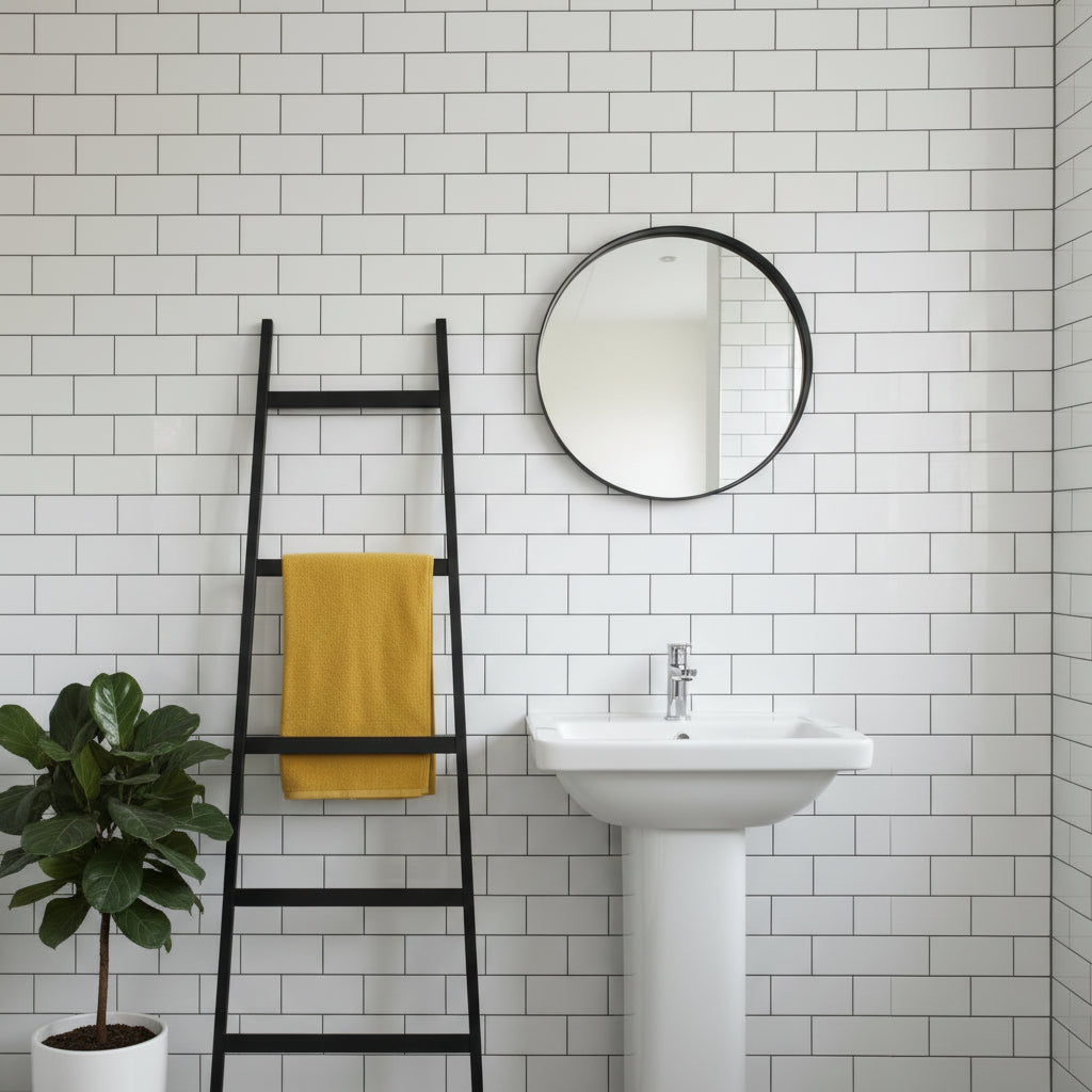 A black metal ladder-style towel rack stands against a white wall in a room, holding a mustard yellow towel with white abstract lines. A small round mirror hangs on the wall, and a wooden floor is visible.