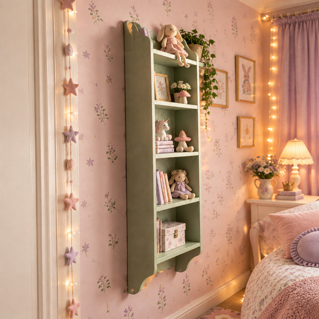 A tall, narrow sage green wall-mounted shelving unit with five open shelves, shown mounted on a rustic stone wall in an interior room.
