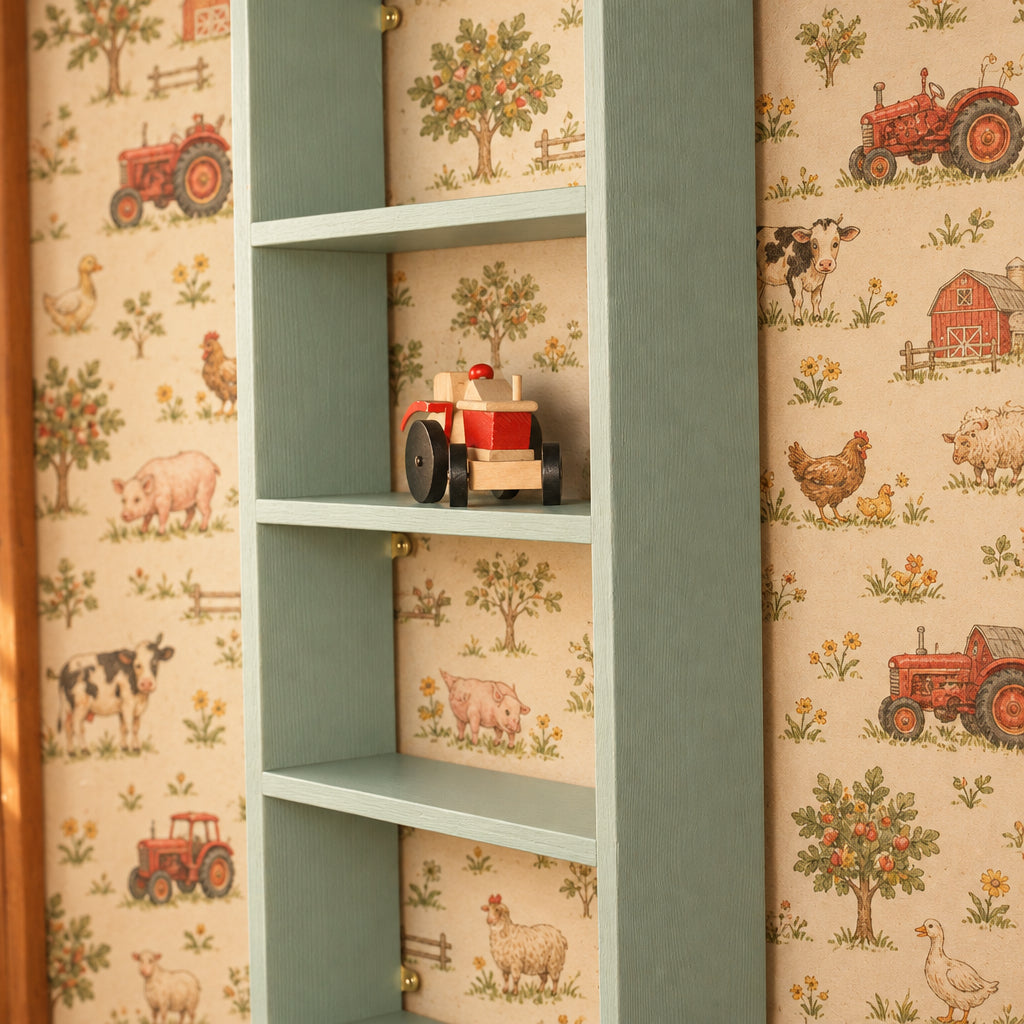 A tall, narrow mint green wooden shelving unit with four open shelves, shown against a rustic stone wall. A small red and beige toy truck is placed on one of the shelves.