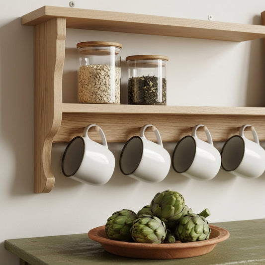 A light natural wood wall-mounted shelf with two tiers, holding clear glass jars with wooden lids and several white ceramic mugs hanging from the lower rack. A green wooden cabinet with a terracotta plate of artichokes sits below.