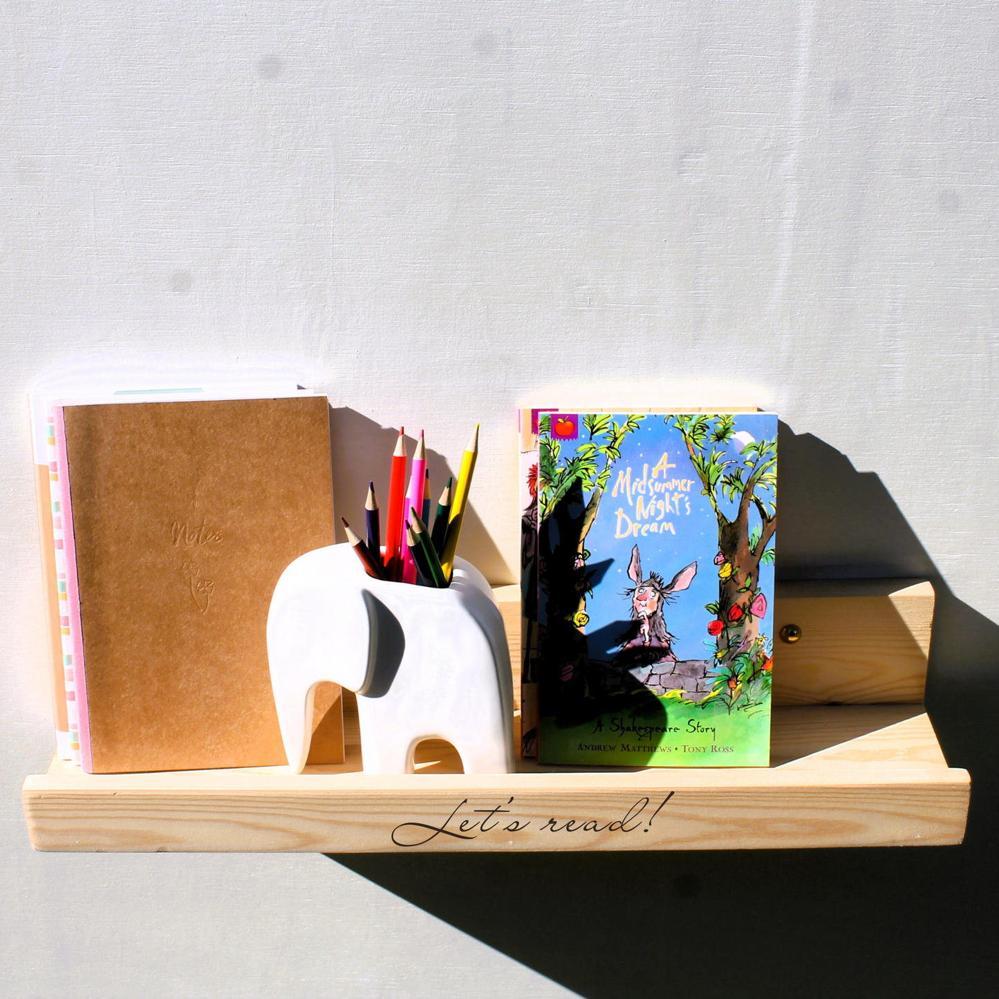 Wooden Book Ledge Shelf for Kids – Inspirational Engraved Quote Reading Display