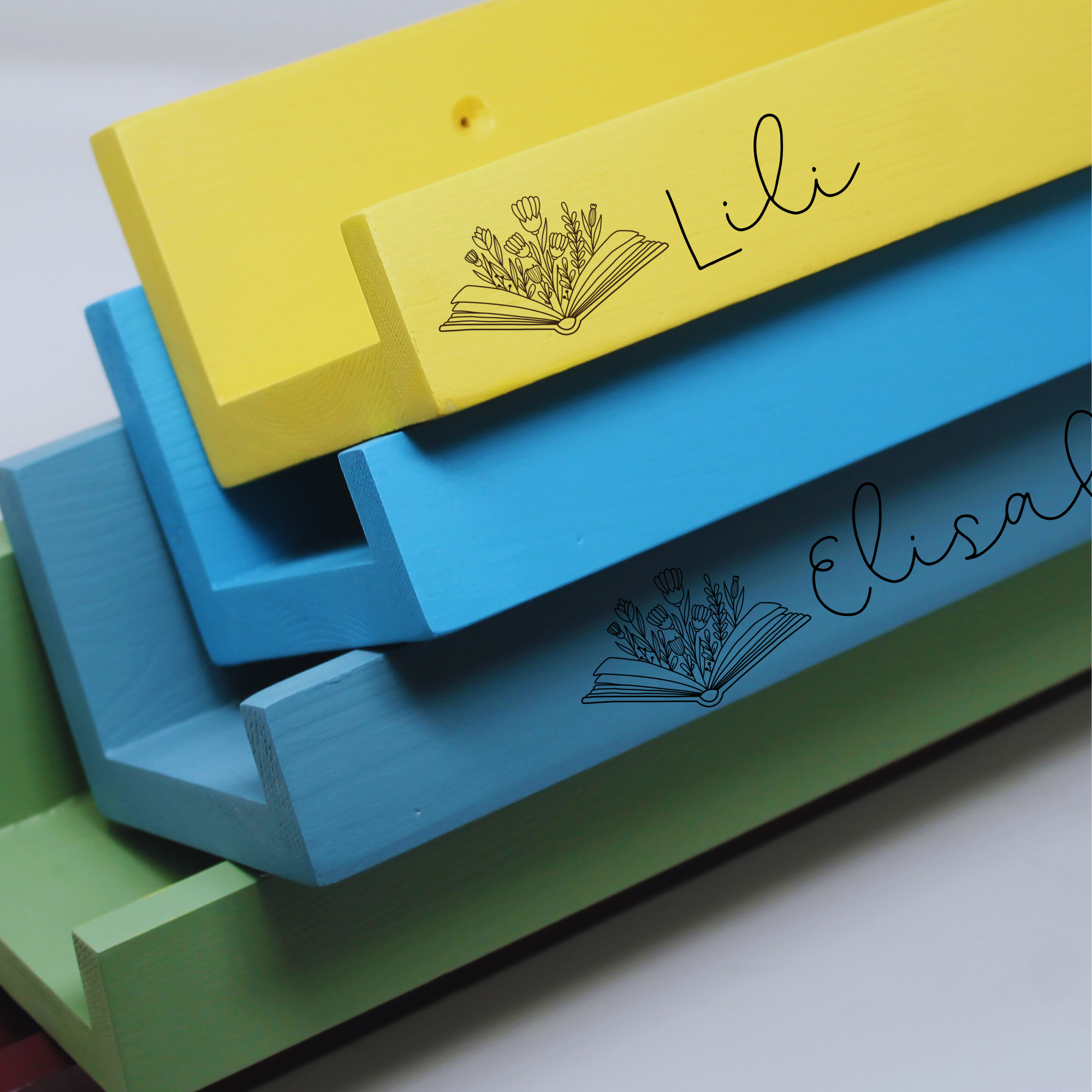 Personalised Children Book Ledge For Reading Corner Engraved With Book And Flower Motif