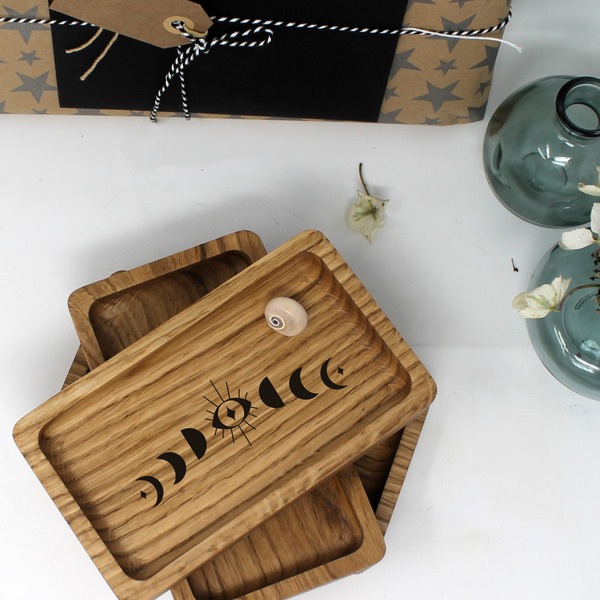 Phases of the moon ornamental wooden tray, natural decor, spiritual vibes, feminine symbols, gifts for women