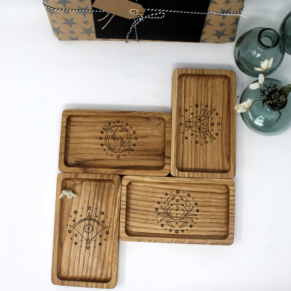 Star Sign Birthday Gift Small Oak Tray with Astrological Zodiac Sign Handmade Zodiac Ornament For Jewellery Crystals Or Essential Oils