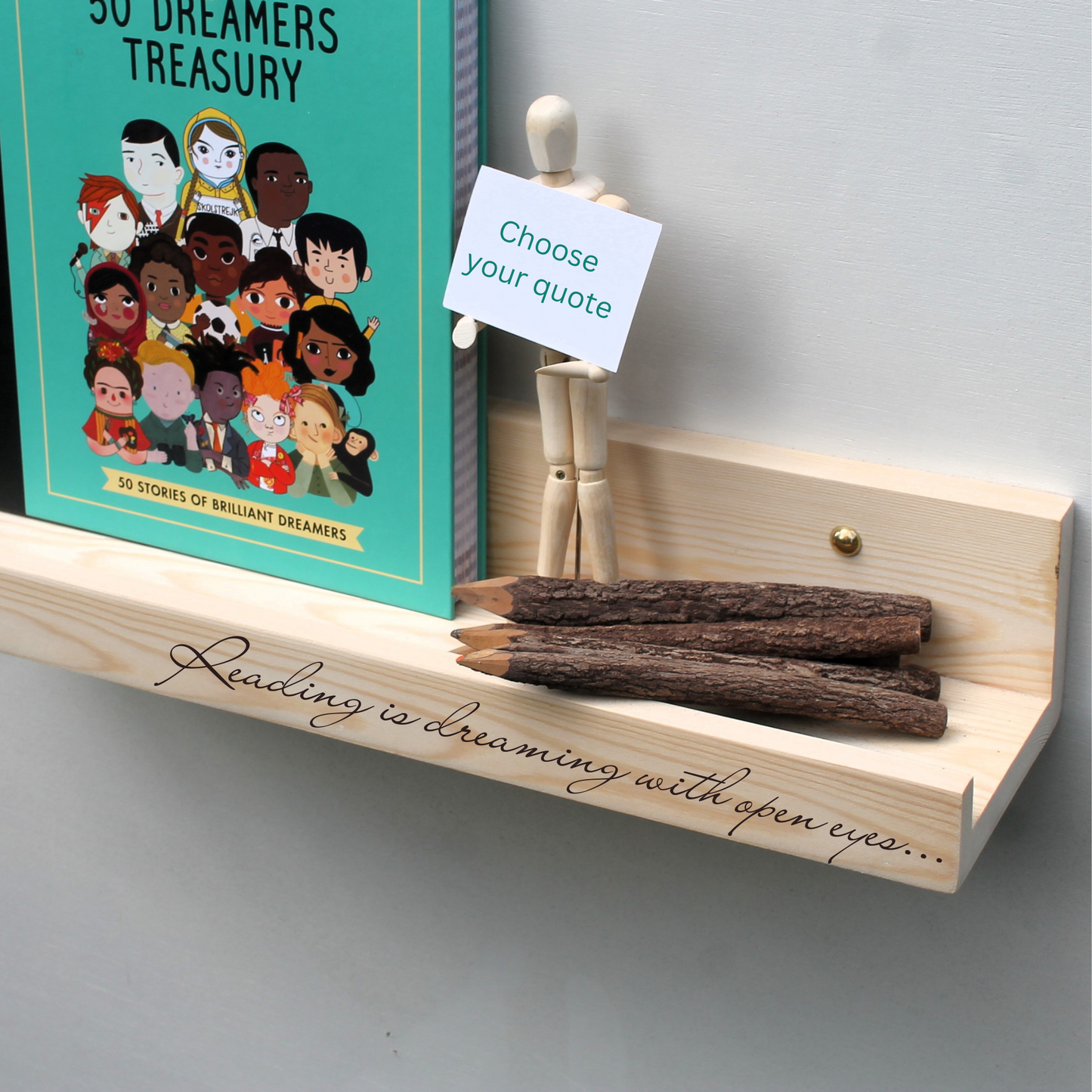 Wooden Book Ledge Shelf for Kids – Inspirational Engraved Quote Reading Display
